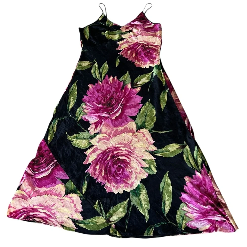 VTG Whimsigoth Velvet Floral Slip Dress Strappy Back 90s Nolita Romantic Vamp XL - Picture 10 of 17